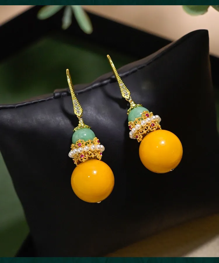 Natural Amber & Jadeite Dangle Earrings, 925 Silver Gilded, Freshwater Pearl & Rhinestone Decor, Chinese Vintage Drop Earrings