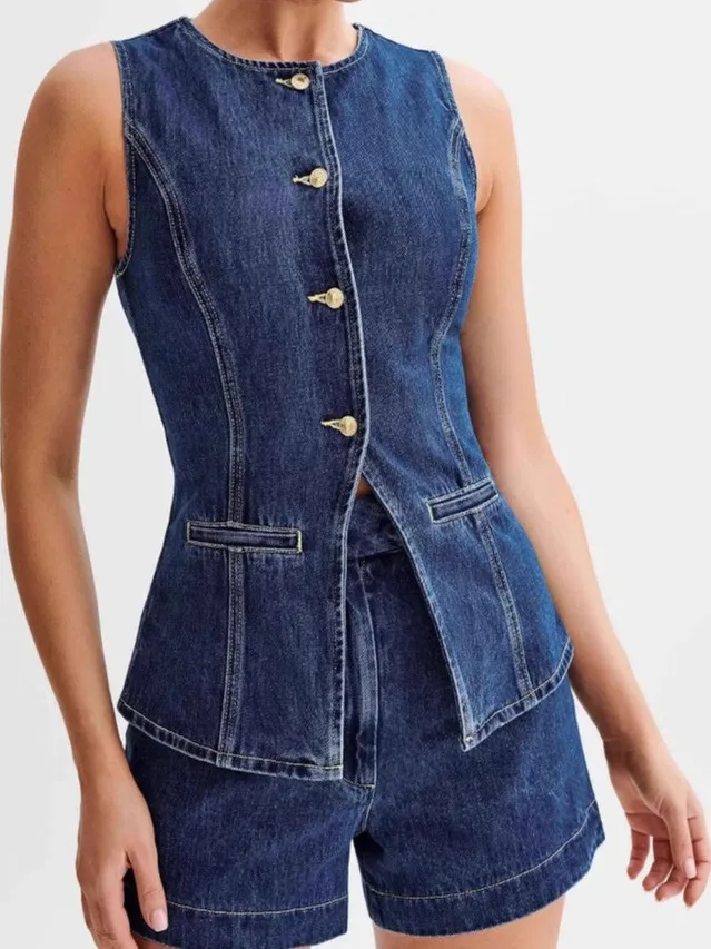 

Retro High Waist Casual Denim Set ort Pants Two-Piece Suit for Women 8-25 Years Old Polyester round Ne Overhead Sle