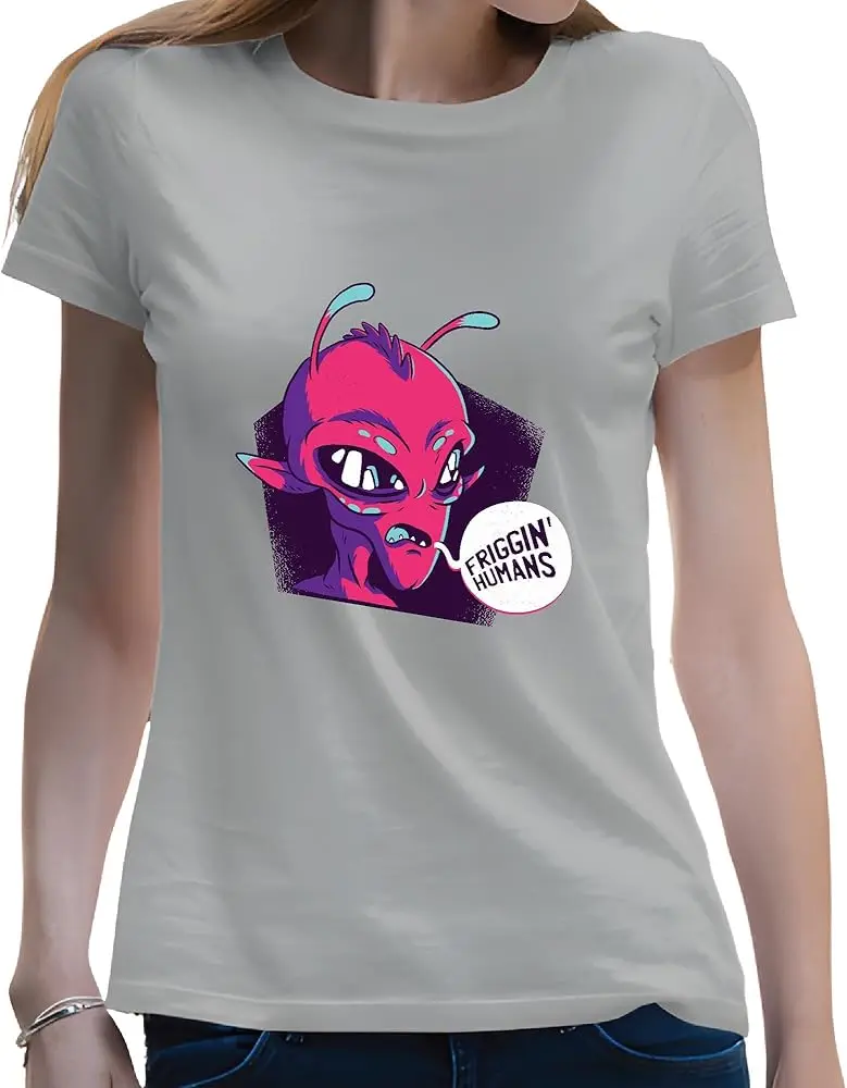 Gift for Alien and Human Lovers Friggin Humans Red Alien Head Pentagon Chat Bubble  High Quality 100%Cotton Short Sleeve