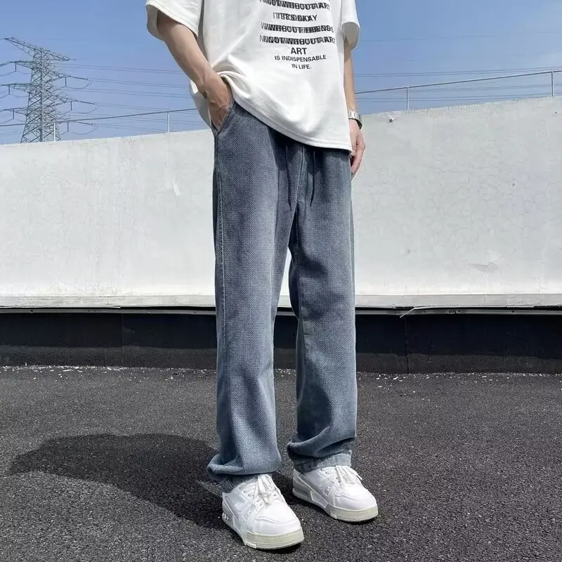 

Осень-зима, мужские джинсы большого размера, Гонконгские прямые брюки с широкими штанинами, свободный крой, повседневные брюки со звездным принтом