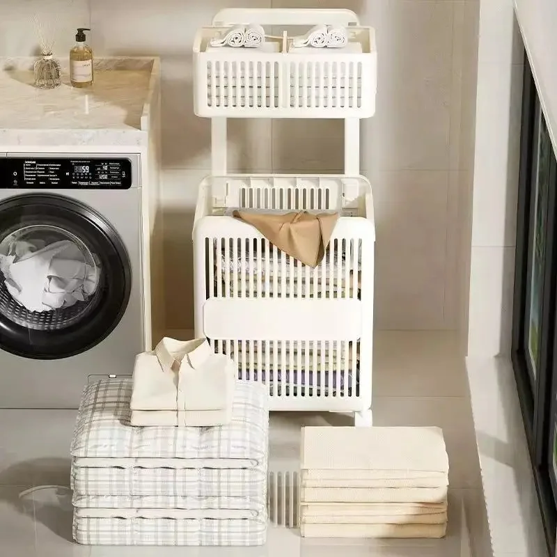 Foldable Wheeled Laundry Hamper, Two-layer Mobile Dirty Clothes Storage Holder for Bathroom Bedroom JJ5452