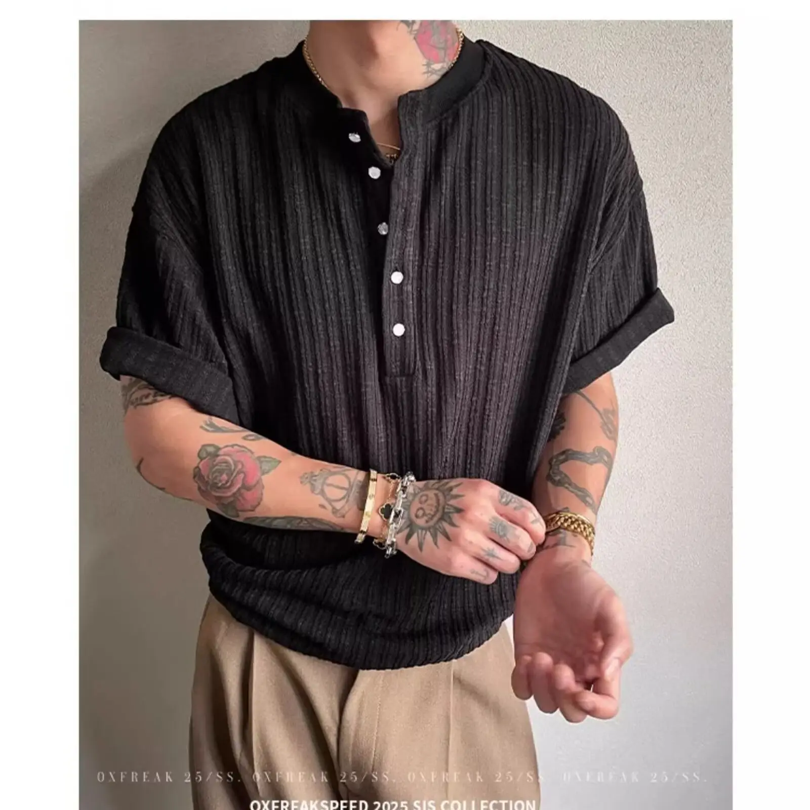 

Folded Henry Neck Short Sleeve Men's Summer Slim Fit V-Neck T-Shirt Half Sleeve