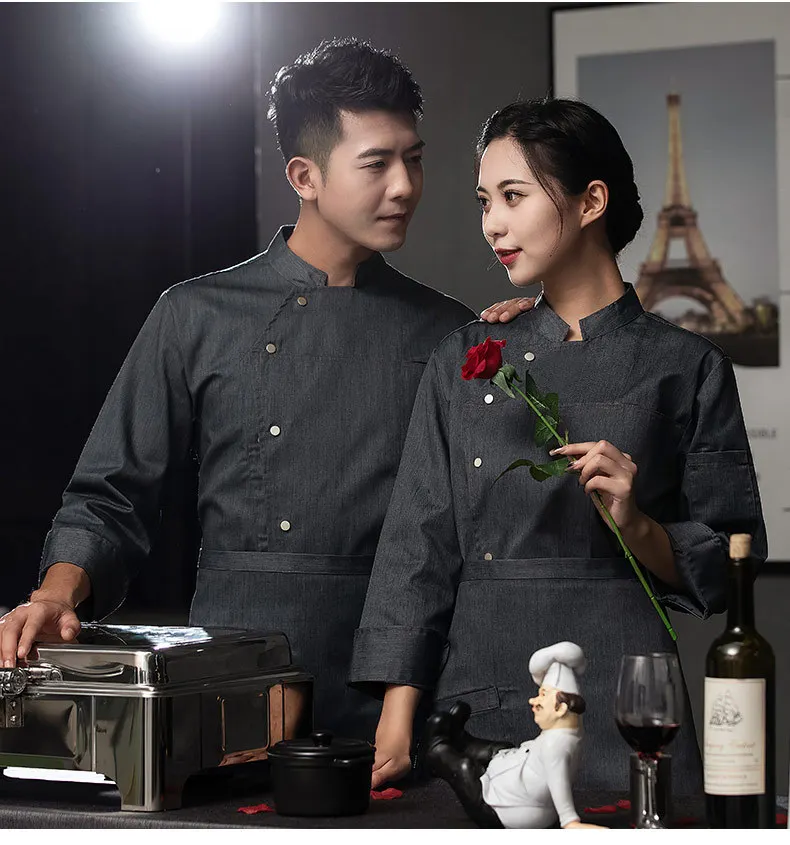 グレーブラックフルスリーブシェフジャケットホテルシェフコート通気性シェフ制服レストラン調理服白ベーカリー服ロゴ