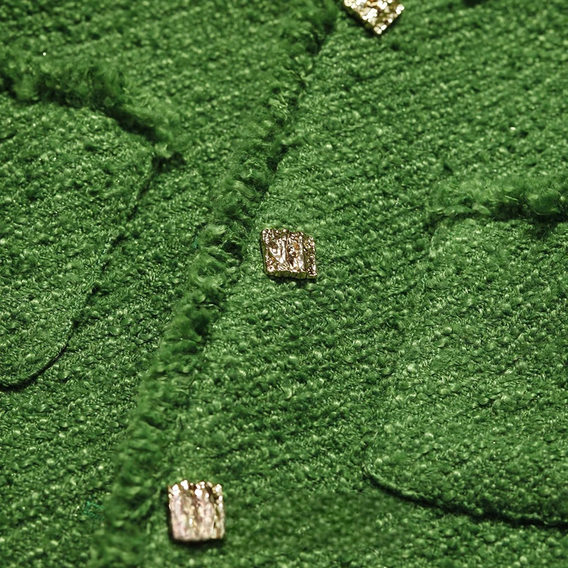 Nuovo cappotto monopetto alla moda, elegante, retrò, verde, di fascia alta, elegante, piccolo, profumato, floreale grossolano, girocollo