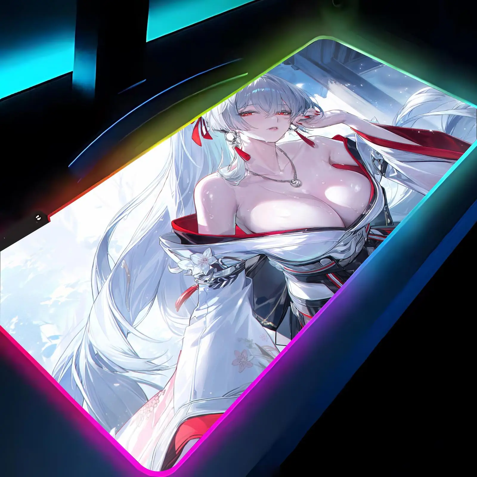 Tapis de souris W-Wuthering Waves Hiyuki, tapis de souris de jeu Anime, tapis de table LED rétroéclairé en caoutchouc, tapis de bureau XXL RGB