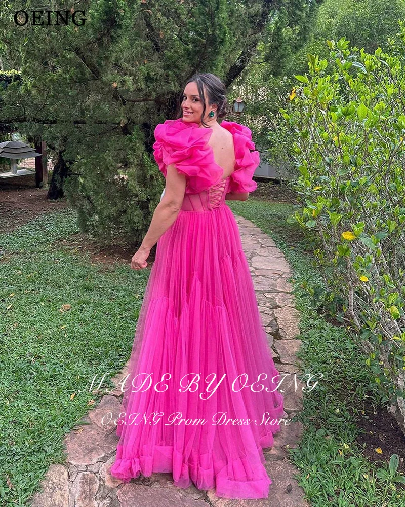 OEING Hot Pink A-Line Prom Dresses Sexy Deep V-Neck Party Gowns Floor-Length Soft Tulle Pleats Vestidos de noche Customized