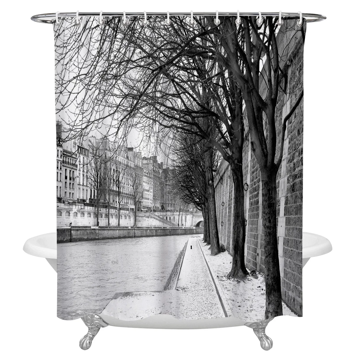 Paris Winter Big Tree Lake Black And White Waterproof Shower Curtain With Hook Bath Curtains Bathroom Decoration Accessories