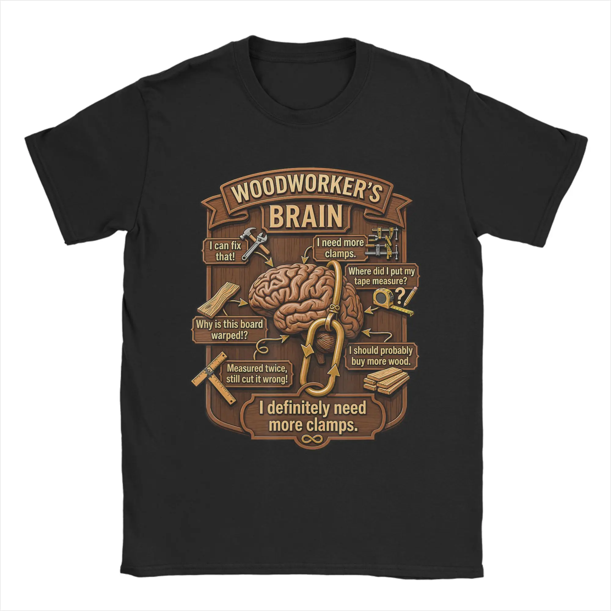 Woodworker Brain Funny Woodworking T-Shirt for Men  Vintage Cotton Tee Shirt Round Neck Short Sleeve T Shirts Gift Idea Clothes