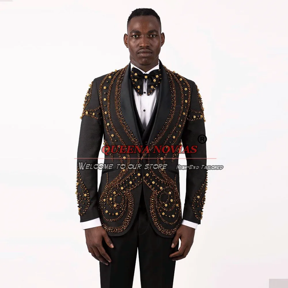 Luxury Wedding Suits For Men Beading Blazer Set Tailor-Made 3 Pieces Jacket Vest Pants Banquet Prom Party Dress Male Clothing