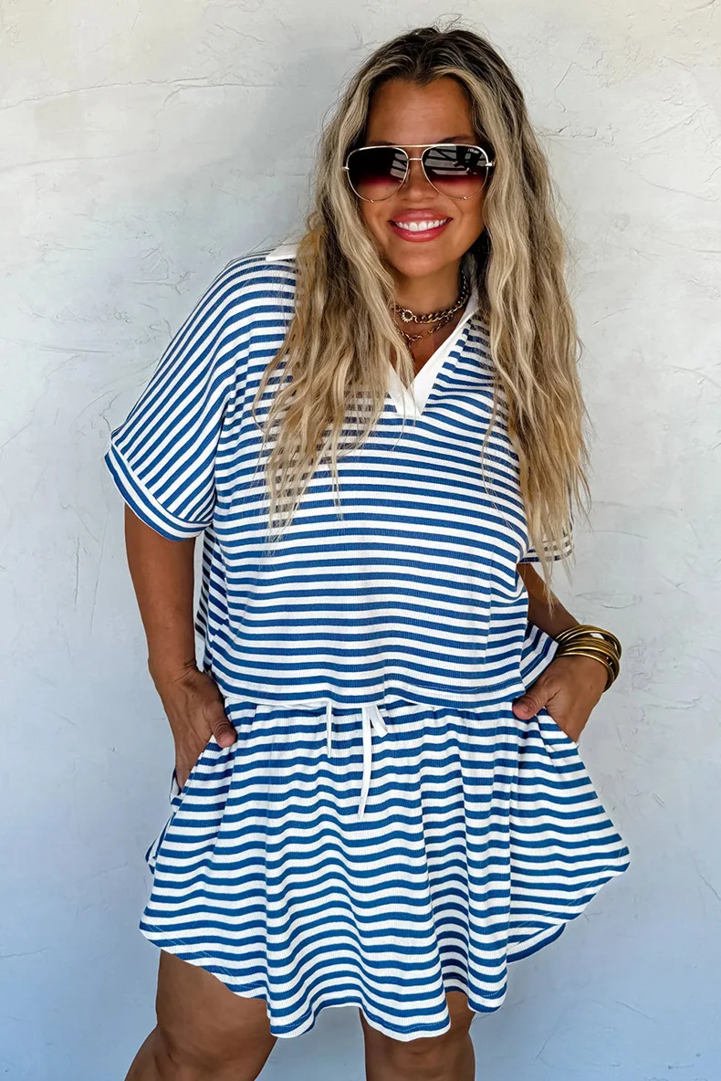 

2025 Summer New Large Size Short-sleeve Two-piece Suit For Women Fashion Trend Striped Print Tops +shorts Casual Suit