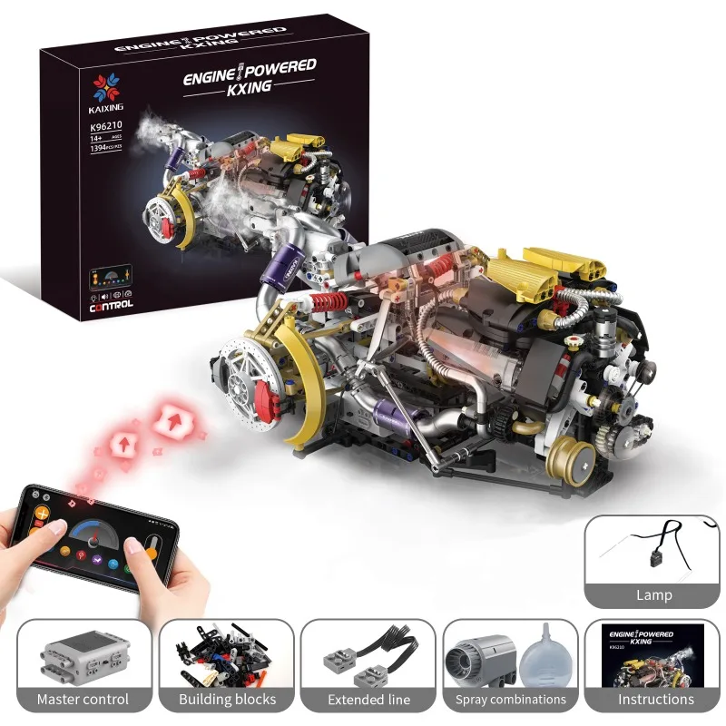 1394Pcs Motorized V8 Engine Model Building Set with LED Light Technical Car Part Assembly Brick Toys for Kids Teens Adults Gift