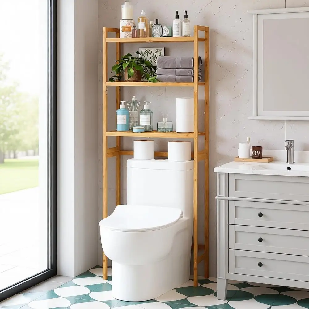 

3-Tier Bamboo Over Toilet Storage Organizer, Space-Saving Bathroom Shelf, Easy Assembly, 25x10x64 Inches