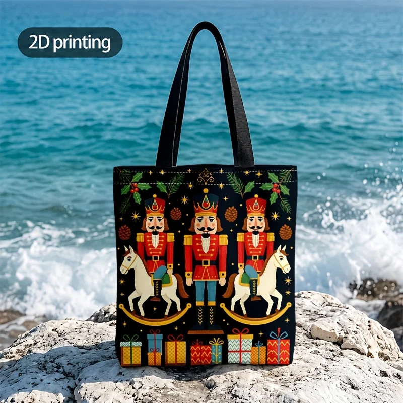 Christmas Nutcracker Soldier Canvas Tote Bag Rocking Horse Gift Box Holly Pine Cone Print Large Capacity Handbag Bag Gift