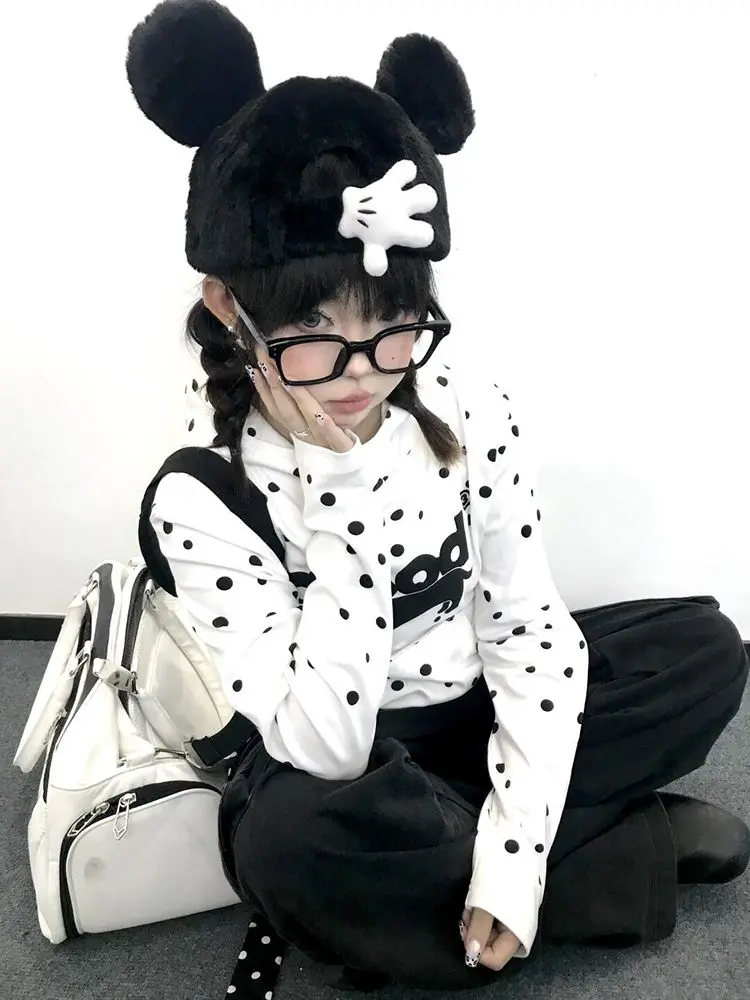 American Cute Polka Dot Slim Hooded Sausage Puppy Print Elegant Sweatshirt Women Autumn New Y2k Design Casual Slim Tops 2025 New