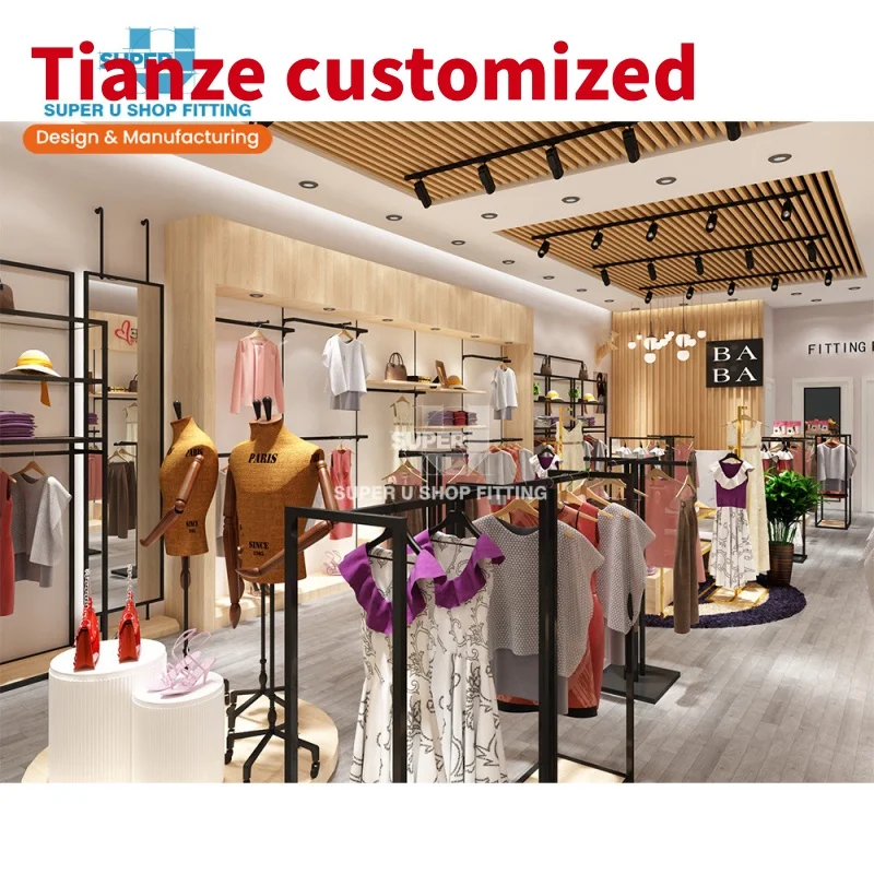 

(customized)Trendy Fashion Retail Garment Boutique Shop Furniture Custom Wooden Women Clothes Display Racks Clothing Store D