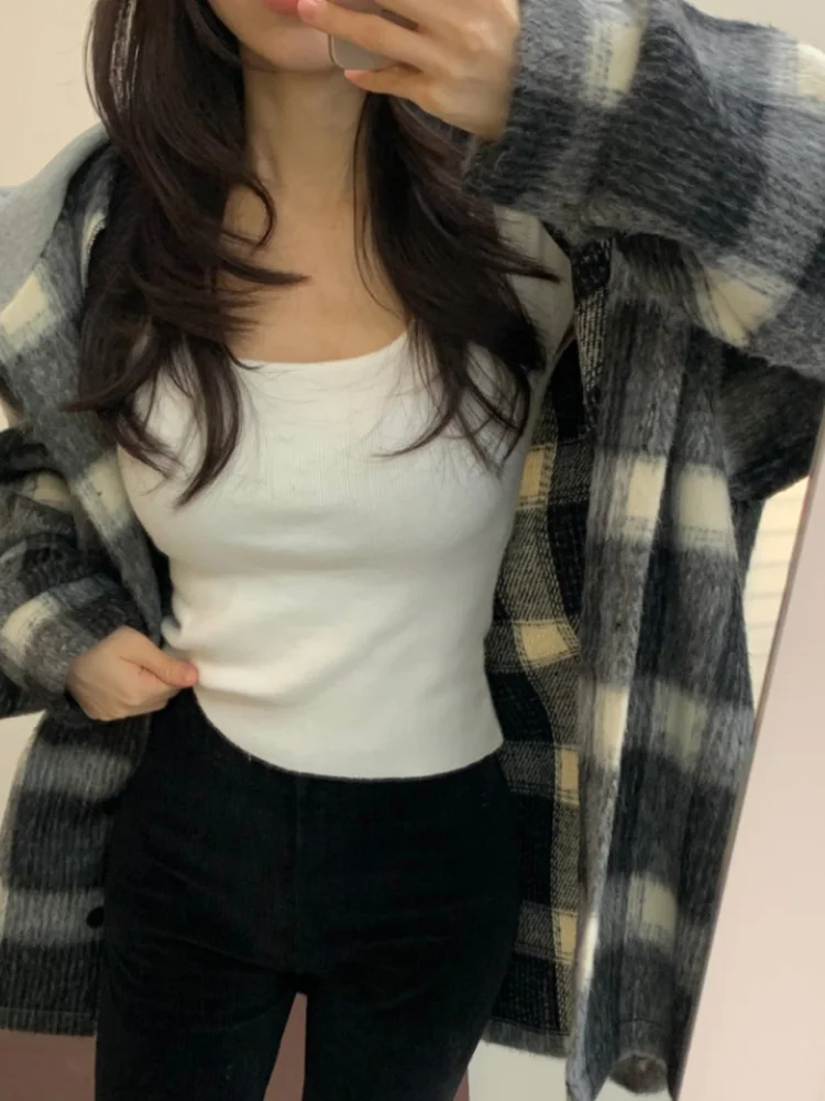 

Retro Plaid Fluffy Woolen Coat Women's Casual Hooded Loose Autumn Winter Warm Cotton Fabric Top Button Closure Long Sve