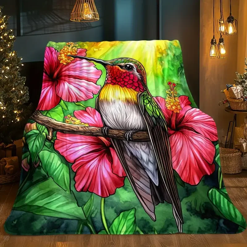 Manta de franela con estampado de flores de hibisco y pájaro tropical, ligera, suave y cálida para sofá, viajes, camping, cama