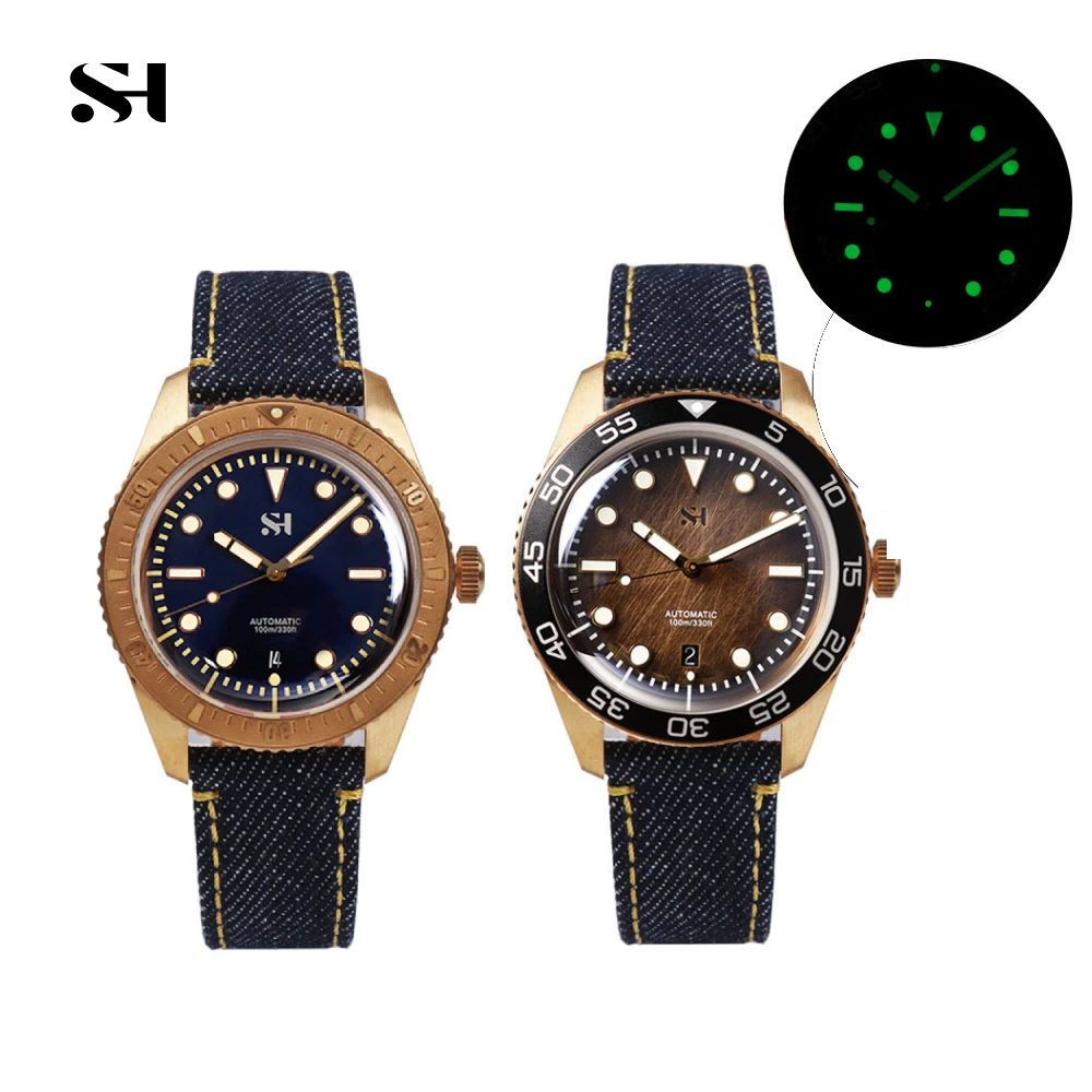 SH Bronze Watches Business Simple Men Mechanical Watch Horween Leather Strap Unique Denim Relojes Luminous 100m Waterproof CUSN6