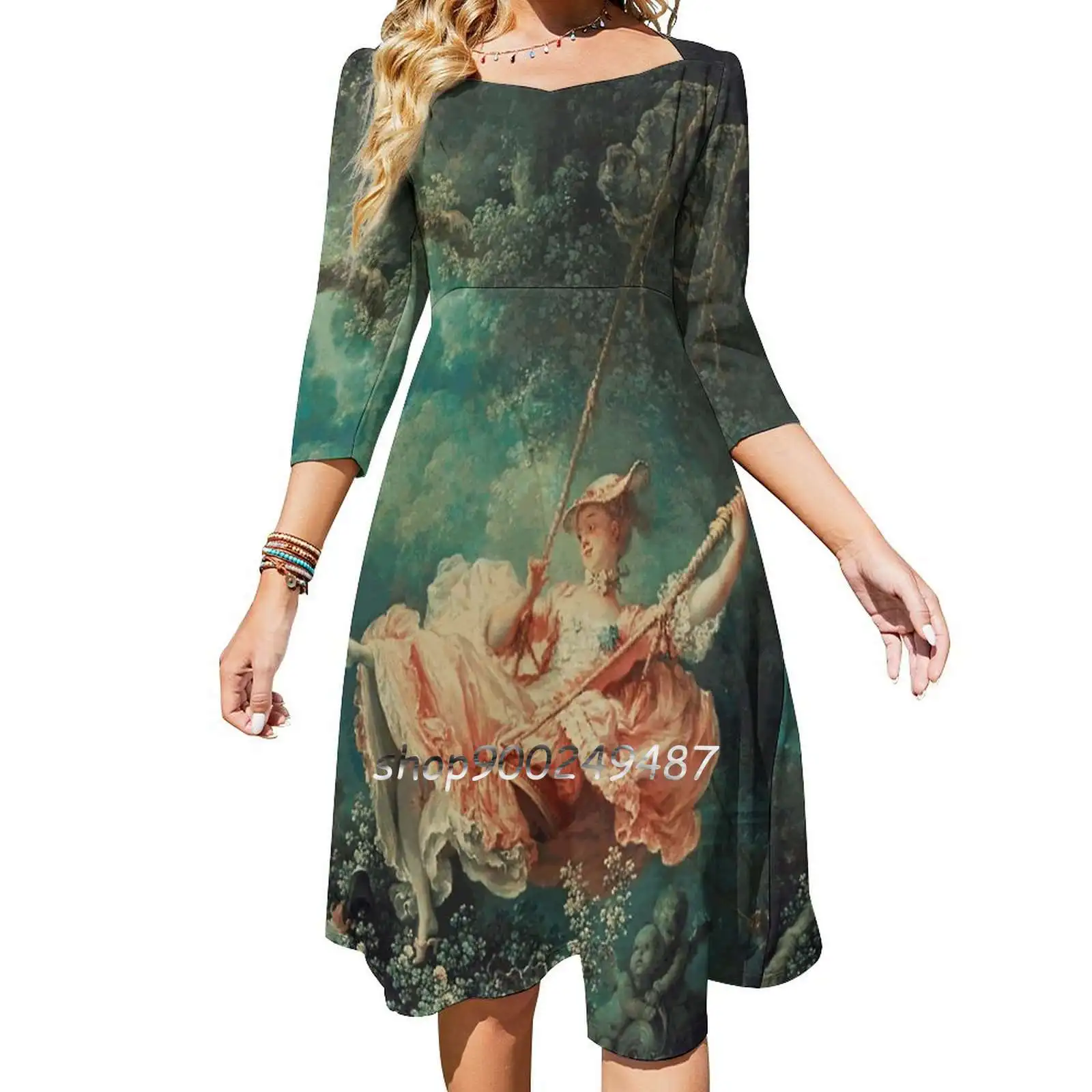 The Swing Painting-Jean-Honoré Fragonard Square Neck Dress New Plus Size Elegant Women Waist Tight Dress Swing Jean Honore