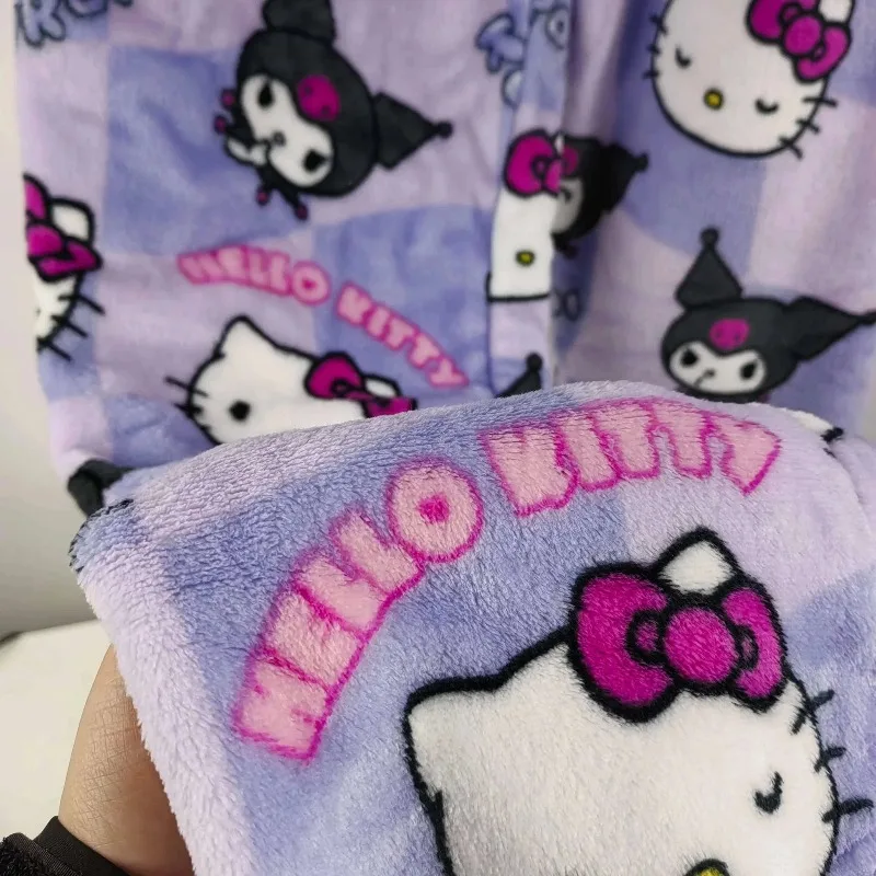 Hello Kitty Kuromi Couple Flannel Pajama Bottoms Purple Plaid Cartoon Print Soft Sleep Pants Cozy Home Loungewear Trousers