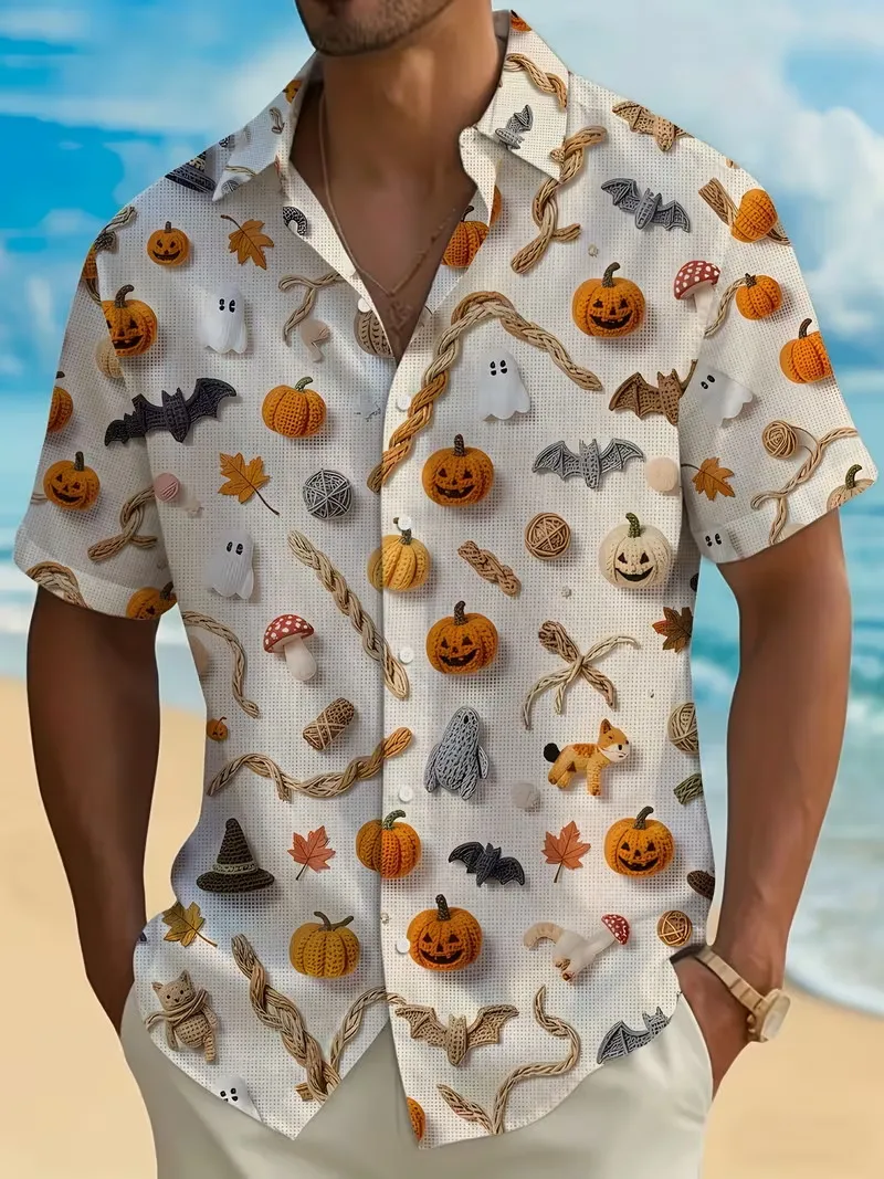Men Halloween Neon Pumpkin Spider Web Ghost Splatter Print Hawaiian Shirt Short Sleeve Spooky Holiday Party beach shirts Tops
