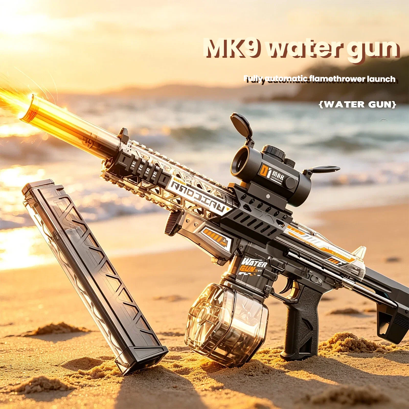 MK9 Automatische Wasserpistole mit verbundenem Rückstoß und einziehbarem Schaft, elektrisches Sommer-Wasserspielzeug für Kinder zum Spielen im Freien.