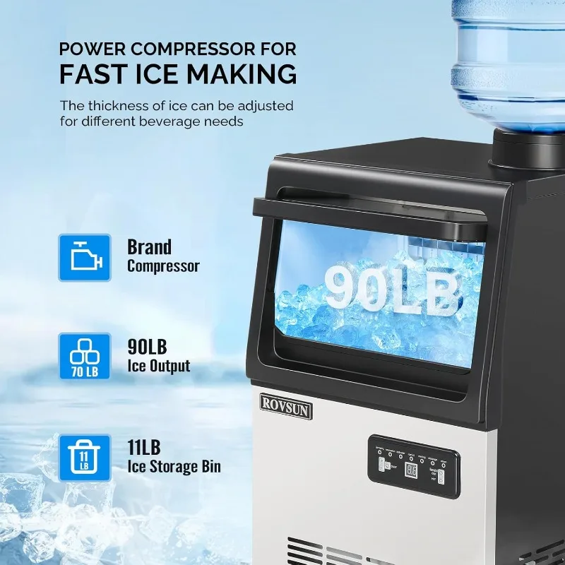 ROVSUN 90LBS/24H Ice Maker Machine with 2 Water Inlets,Freestanding & Countertop Ice Machine with 11lbs Storage Bin,Water Filter