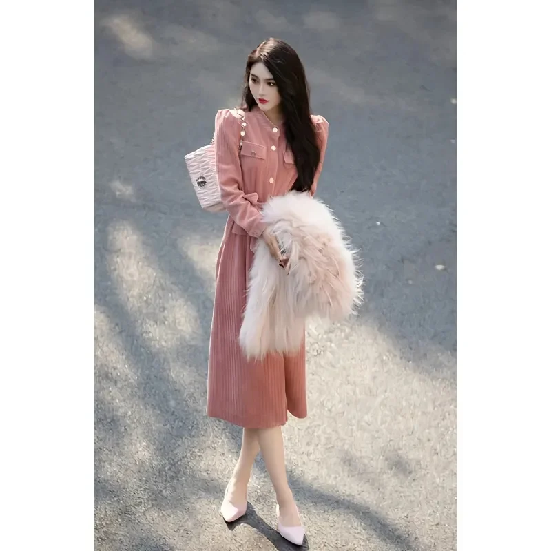 

French Style Women's Clothing With High-end Feel Bottom up The Pink Dress With Waistband is New Autumn Winter Trend For Childre