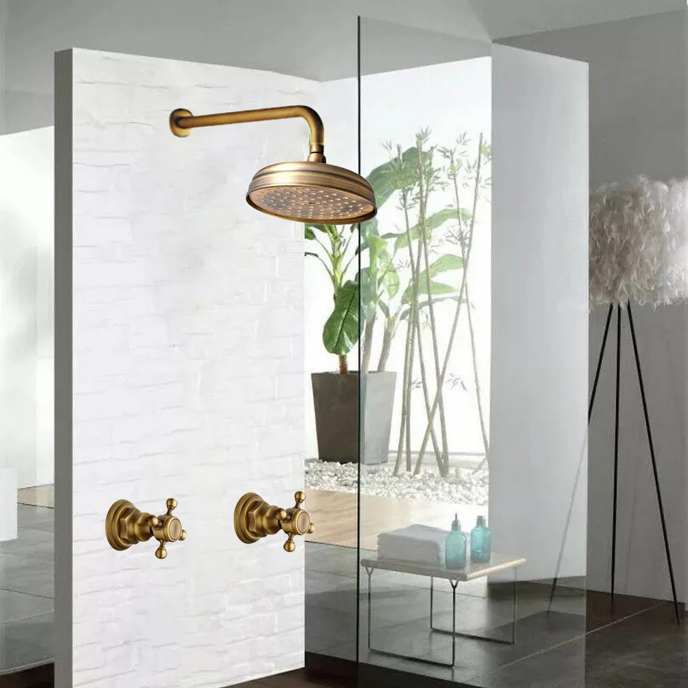 

Antique Brass Wall Mounted Bathroom Rain Shower Head Two Cross Handles Faucet Control Valve Stopcock Tap Set mbn203
