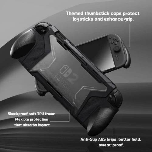 PlayVital BEYOND-GRIP Cubierta acoplable con juegos de cubiertas antipolvo para Nintendo Switch 2, funda ergonómica de TPU + protector de consola - Negro