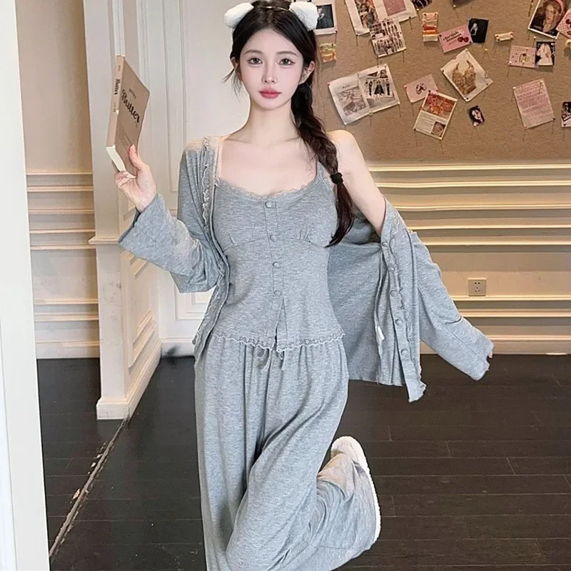 New Cute Pyjamas Femme Sexy Sling Shirt Long Sleeve Pant 3PC Set Modal Women Pajama Chest Pad Lace Sleepwear Home Clothes M-XL