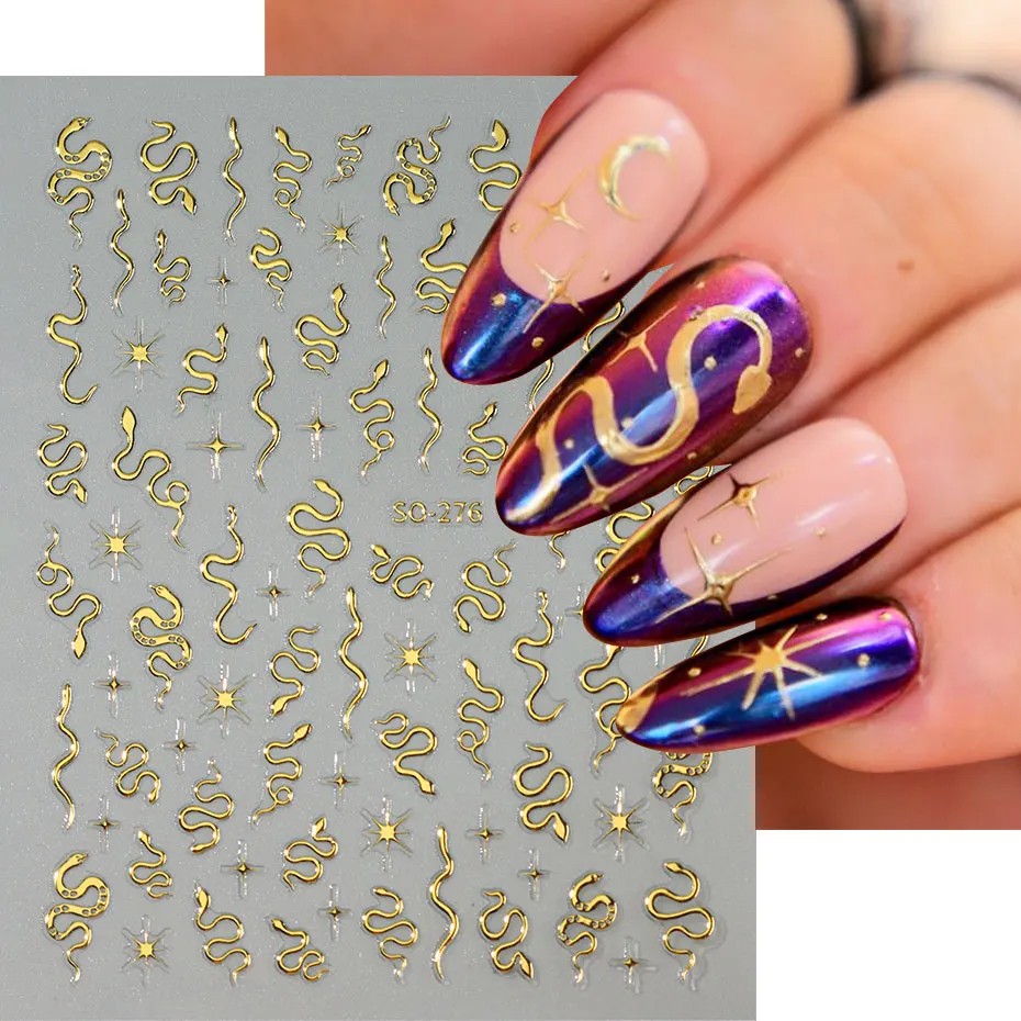 2/4pcs Golden Snake Nail Sliders Y2K Laser Silvery Black Inspired Snake Adhesive Sticker 3D Shiny Cross Starlight Manicure Decal