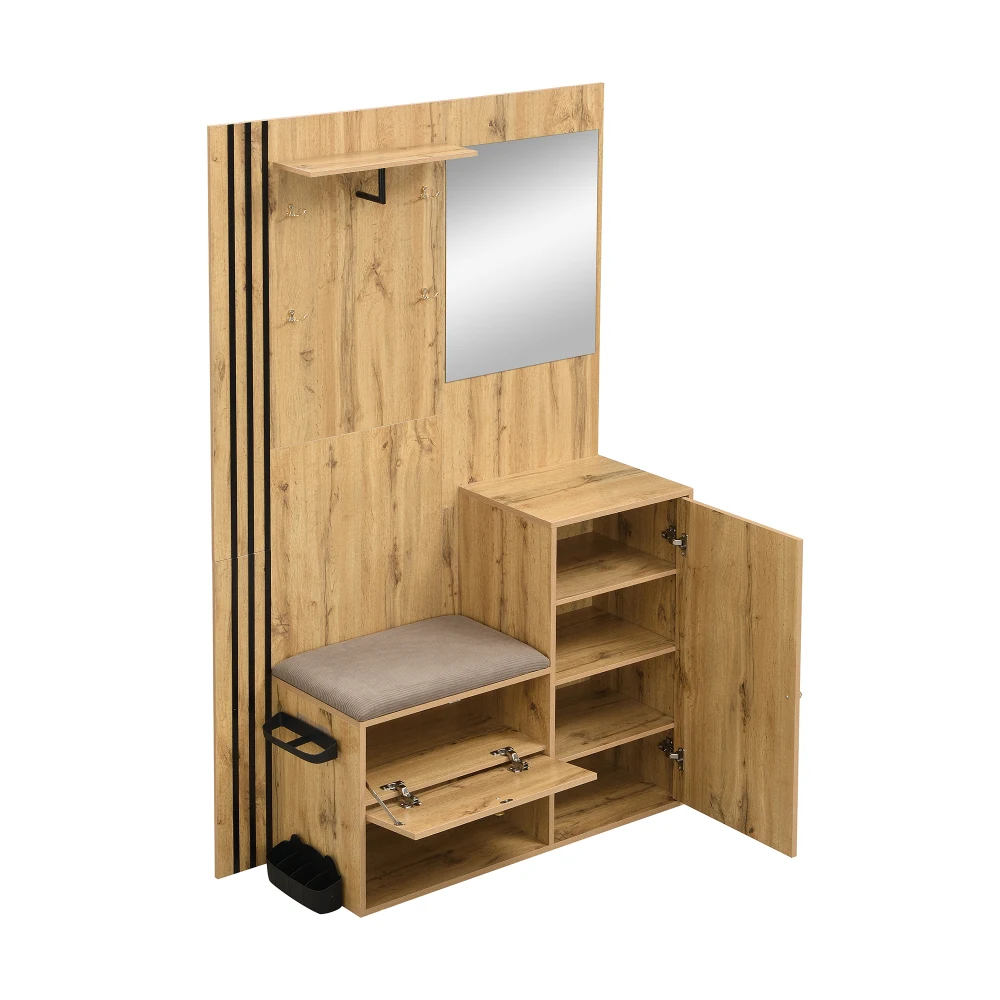 Kleiderschrank-Set, kompakter Flur-Kleiderschrank mit Spiegel und Kissen mit schwarzem Zierstreifen, Regal, Flur-Kleiderschrank, Schuhschrank – Detail 23