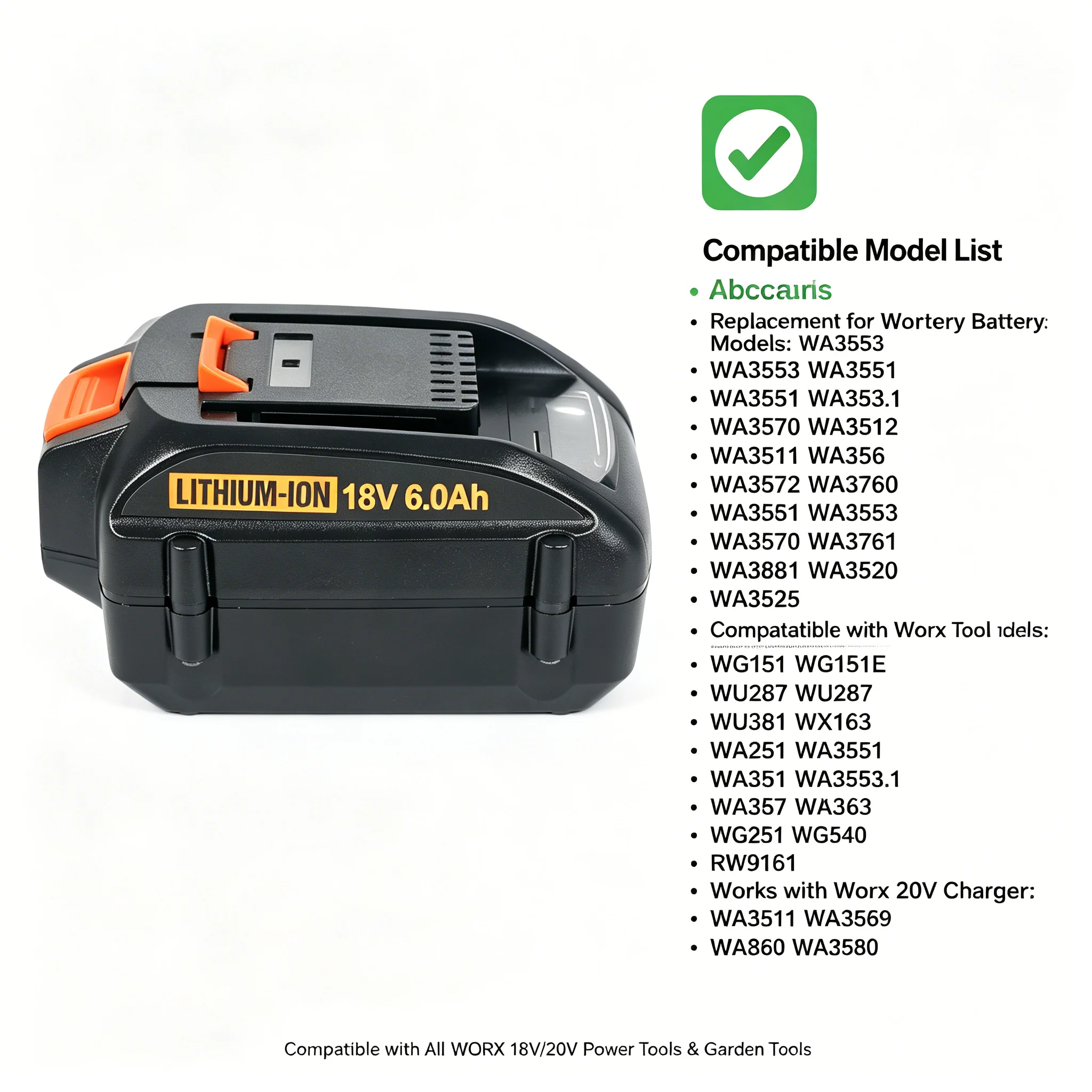 For worx 18V 6.0Ah/6000mAh Lithium battery Rechargeable WA3553 WA3551 WA3553.1 WA3570 for All WORX Electric and Garden Tools