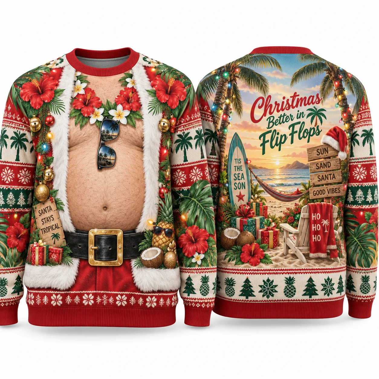 Dad Bod Ugly Christmas Sweater Santa Belly Print Sweaters with Beer BBQ and Tropical Xmas Art Fun Crewneck Party Outfits
