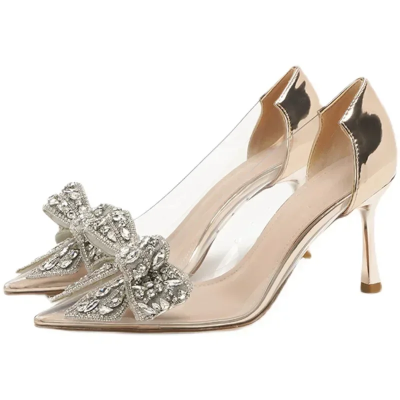 Zapatos elegantes para fiesta y boda para mujer, sandalias sexis de tacón alto con cristales a la moda, zapatos de tacón transparentes de PVC con punta estrecha para verano