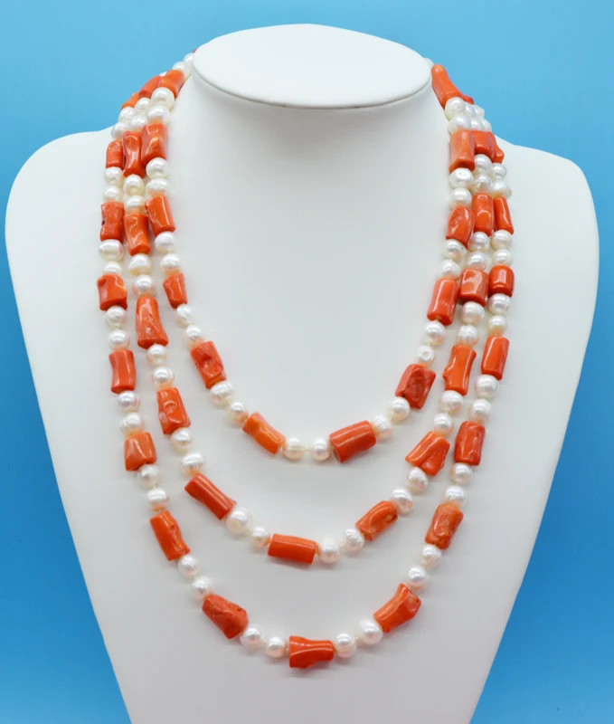 3 rows of natural orange irregular coral. Natural pearl necklace. Classic Bridal Wedding Jewelry 20-26