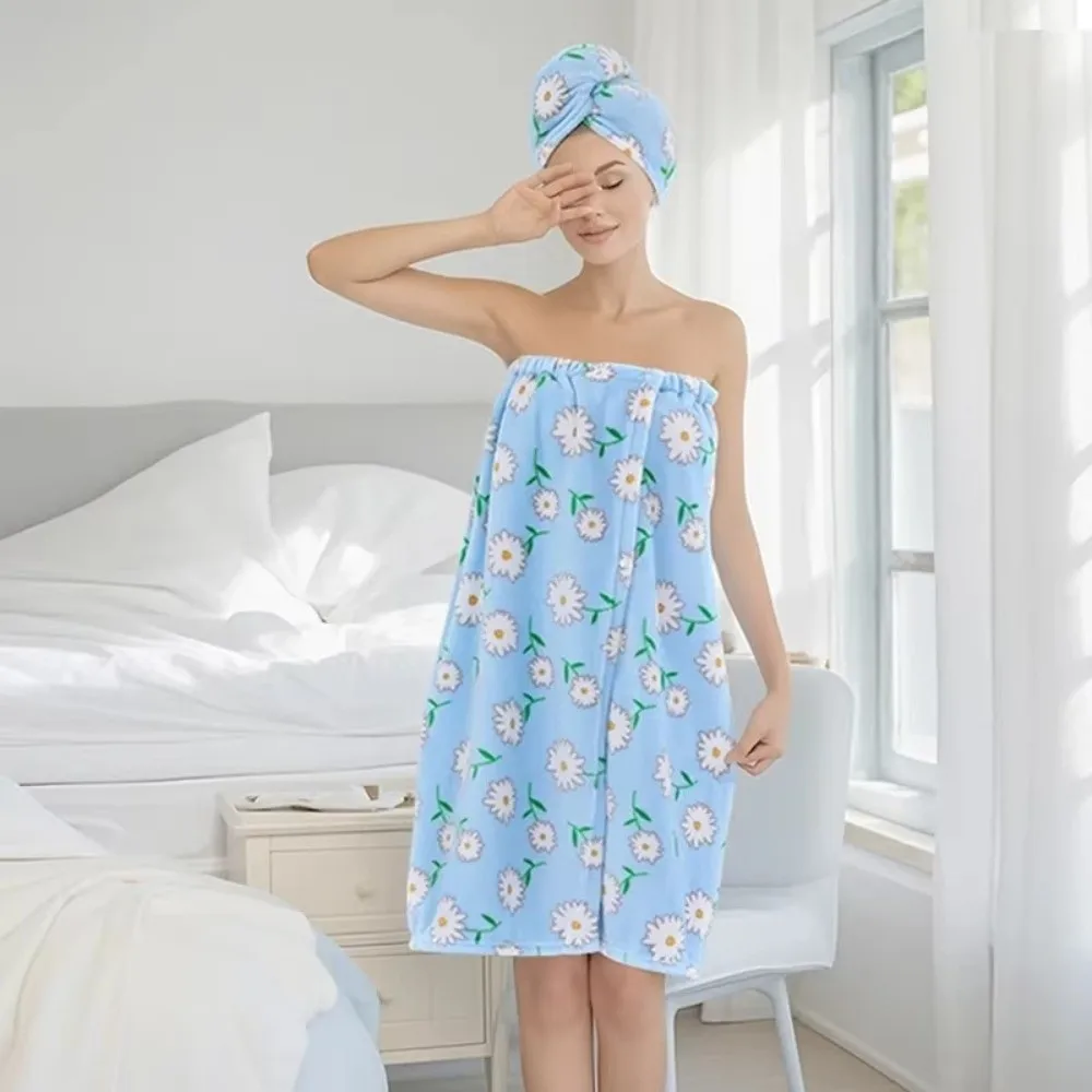 2 Pcs set Daisy Pastoral Style Women Bath Skirt Set Absorbent Soft Bath Towel Quick-Dry Hair Wrap Bath Skirt