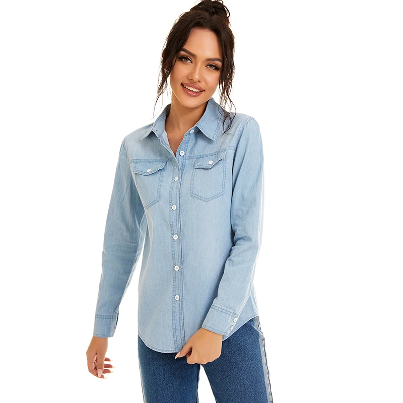 Streetwear Light Blue Cotton Thin Basic Shirts Jeans Woman 2024 Spring Long Sleeve Denim Blouses Ladies Tops Clothes