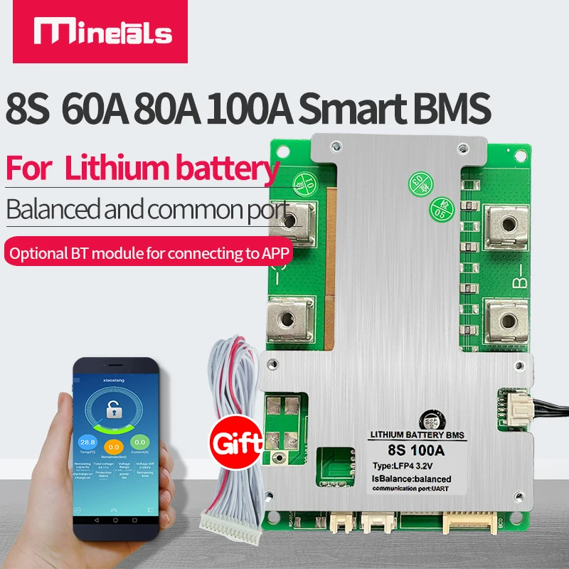 Smart BMS 80A 100A Support BT 7S 8S 24V 9S 10S 36V li ion LiFePo4 Common Port with Intelligent Software Battery Protection Board