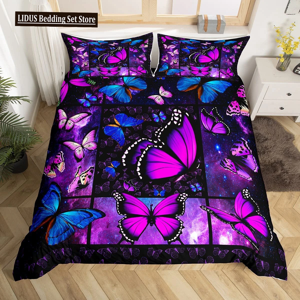 

Purple Butterfly Duvet Cover Set Full Butterflies Bedding Sets Galaxy Comforter Cover For Women,Psychedelic Gorgeous Quilt Cover