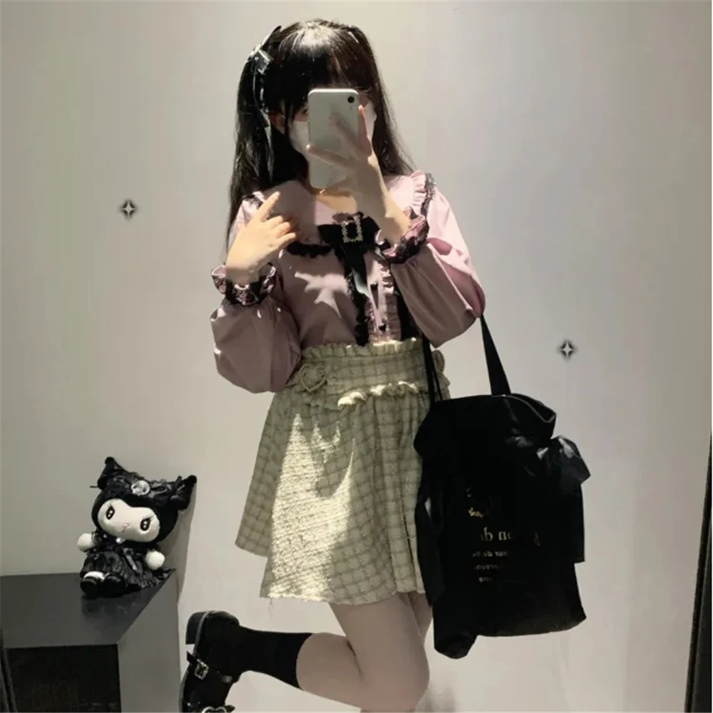 Jirai Kei Peter Pan Collar Japan Blouse Y2K Long Sleeves Lolita Crop Top Sweet Patchwork Bow Spring Kawaii Vintage Lace Jk Shirt