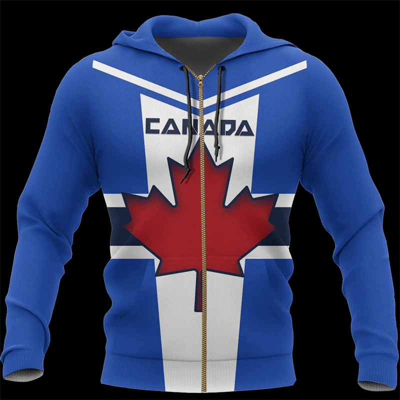 Casual Canadian Flag Pattern Zipper Hoodies Fashion Trend Long Sleeve Mens 3D Printed Sweatshirt Loose Streetwear Pullovers