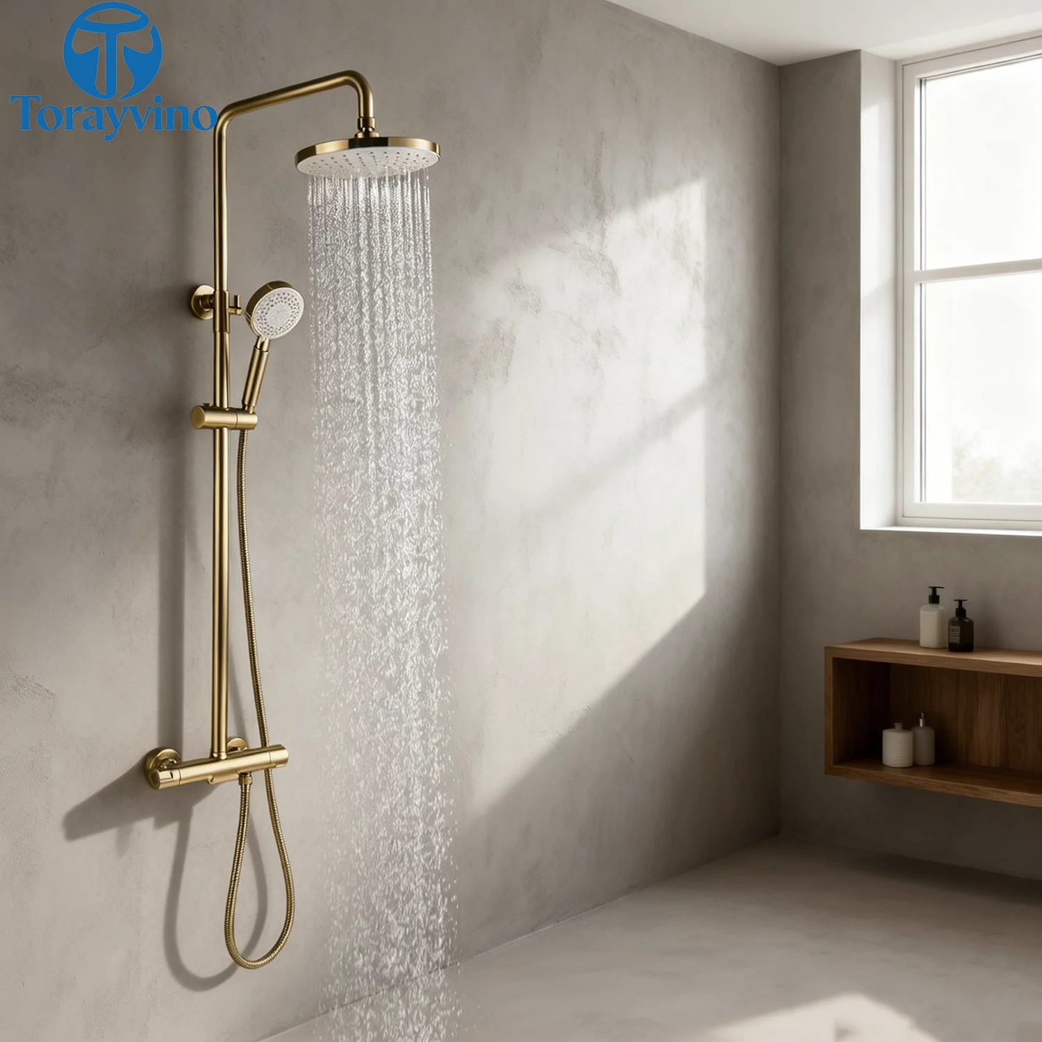 

Torayvino Thermostatic Bathroom Shower Faucet Set Bathroom Brushed Gold Rainfall Head With Third Gear Handheld Shower Mixer tap