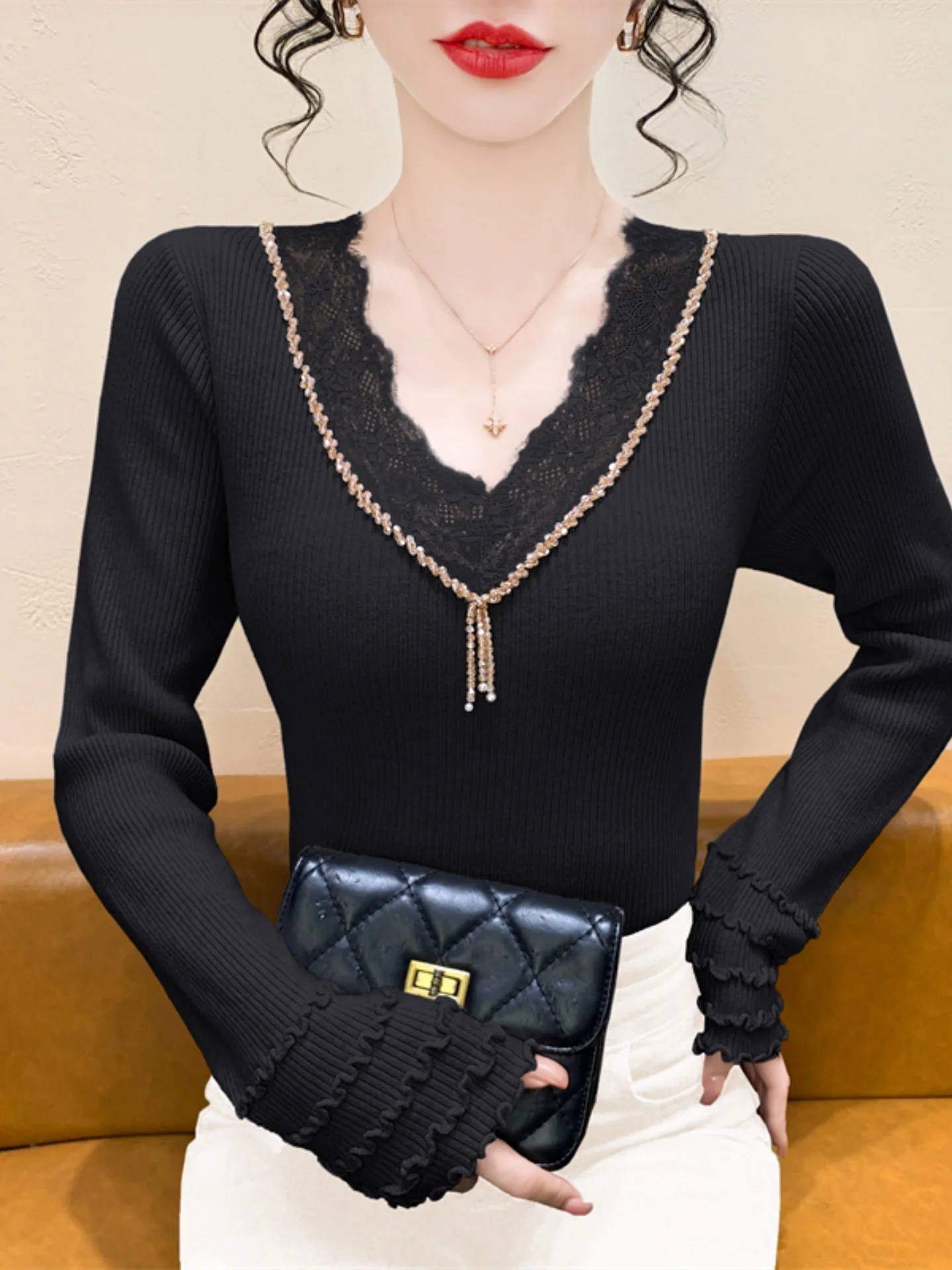 

Сексуальный кружевной лоскутный вязаный длинный свитер V-Ne Base irt, женский осенне-зимний свитер со стразами и бриллиантами, верх для внутренней одежды