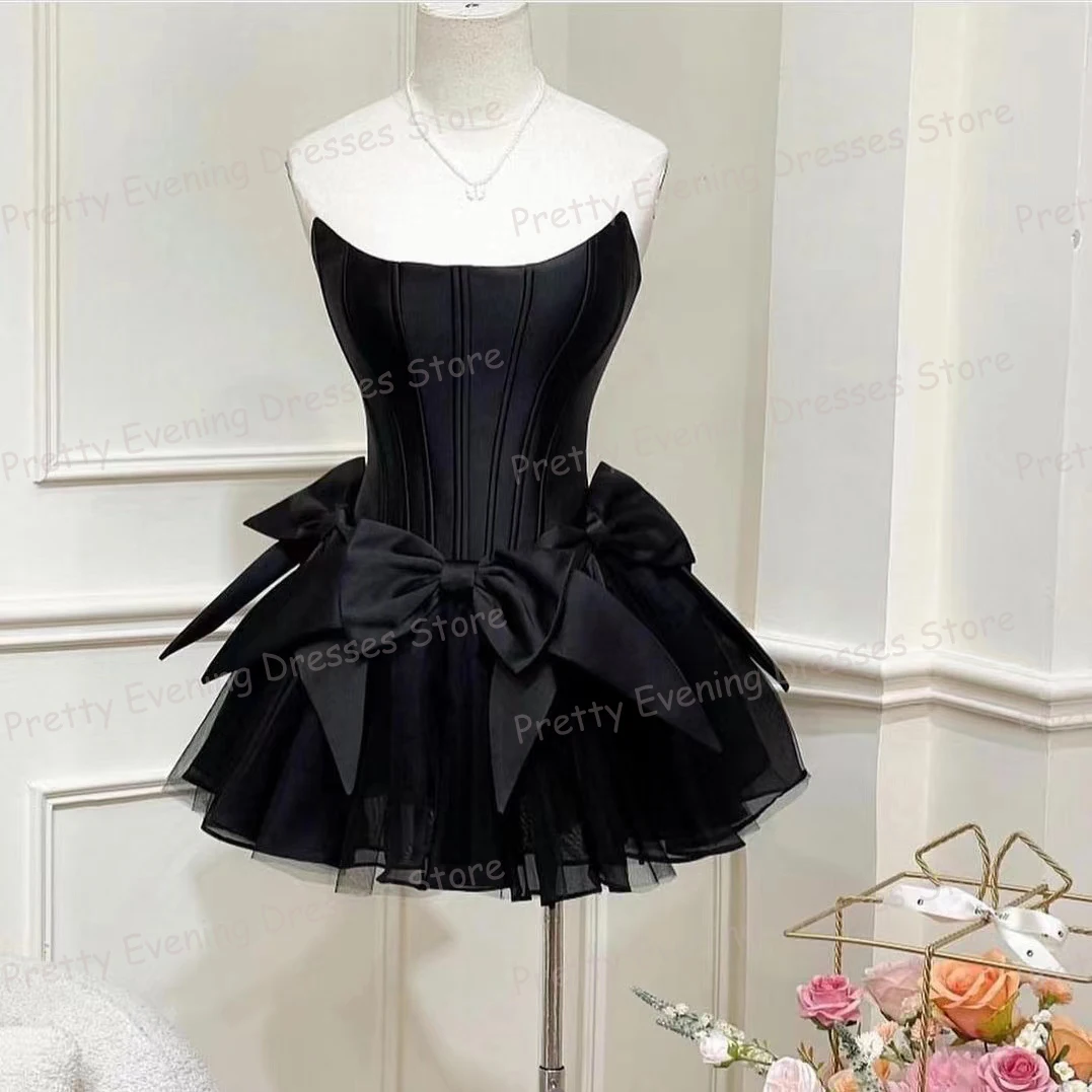 

Elegant Short Bow Evening Dresses Women's A Line Sexy Boat Neck Prom Gowns Sleeveless Princess Fluffy Backless Fashion Vestidos
