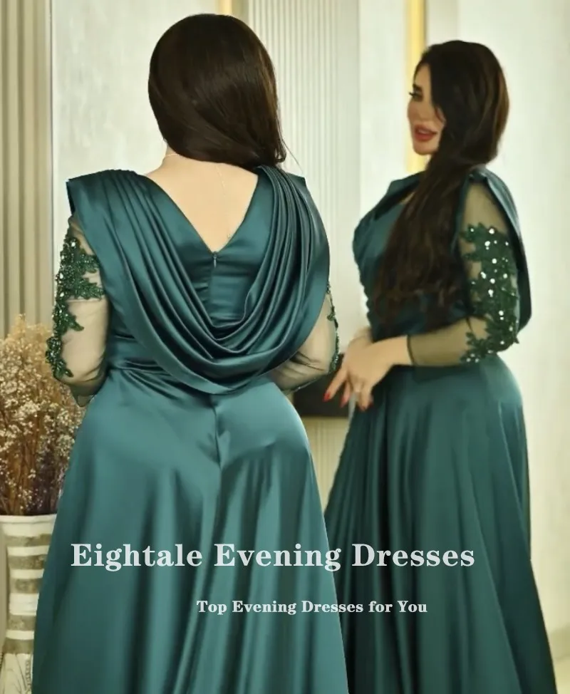 Vestido de noche árabe de Eightale, apliques con cuello en V, mangas largas con cuentas, verde oscuro, vestidos formales personalizados para fiesta