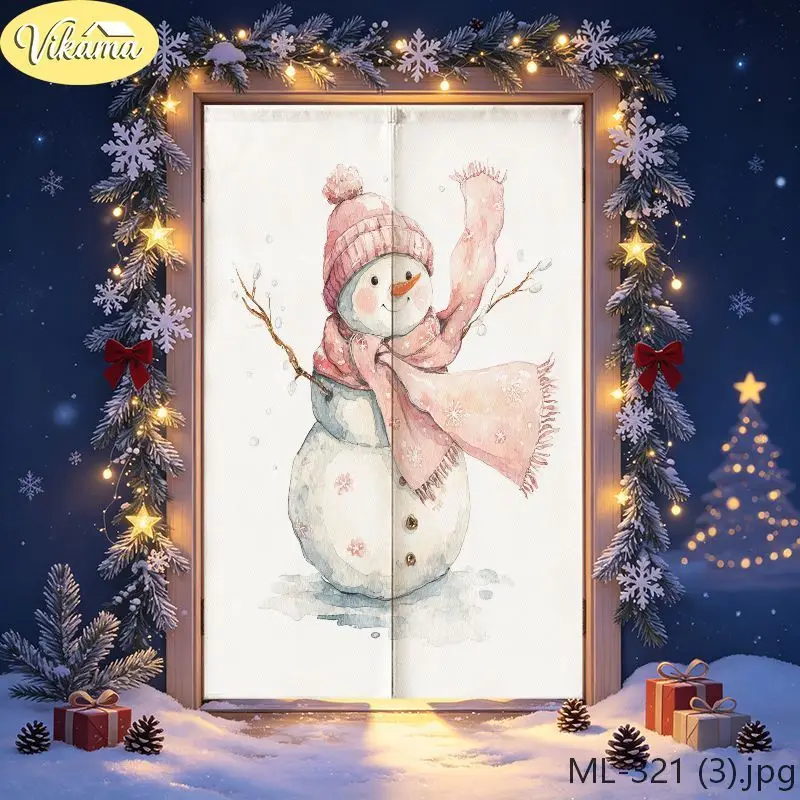 VIKAMA Christmas Door Curtain Watercolor Snowman Pink Scarf Christmas Tree Door Hanging Home Winter Holiday Decor