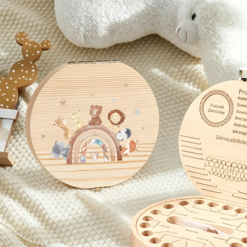 2D Wooden Baby Tooth Box Circular Hole-Punching Design Rainbow Animal Collection Pattern Children's Tooth Storage Organizer