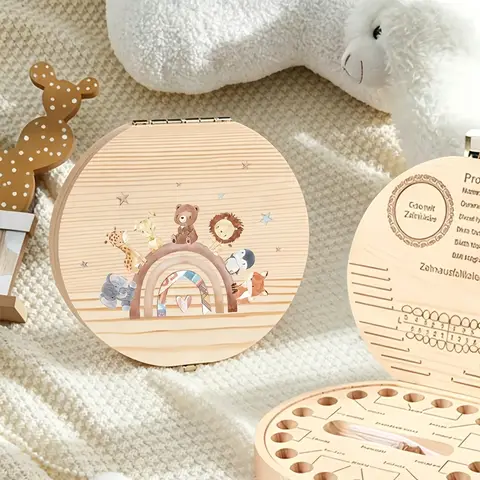 2D Wooden Baby Tooth Box Circular Hole-Punching Design Rainbow Animal Collection Pattern Children's Tooth Storage Organizer